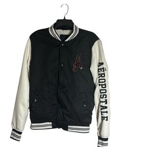 Aeropostale Mens S Black/White Sherpa Lined Logo Varsity Bomber Jacket Preppy
